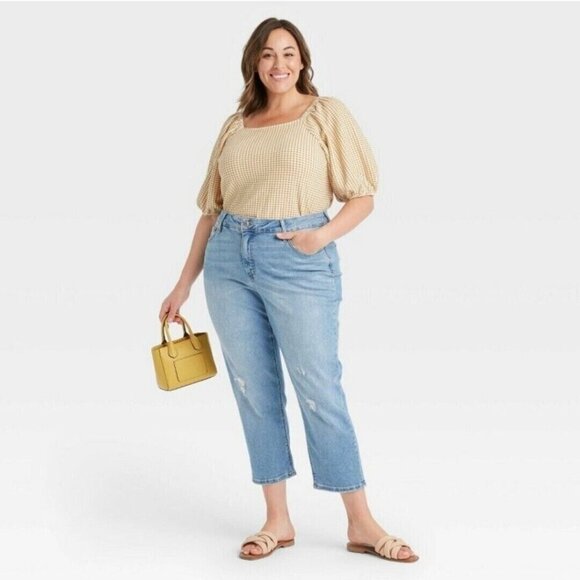 Ava & Viv Square Neck Slim Fit Puff Sleeve Top in Gold Check Womens Plus Size 3x - Picture 2 of 7